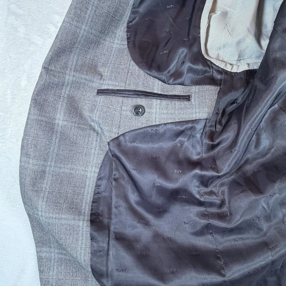 Michael Kors Mens Sz 42R Modern Fit Wool Blend Plaid Suit Jacket Light Grey Blue